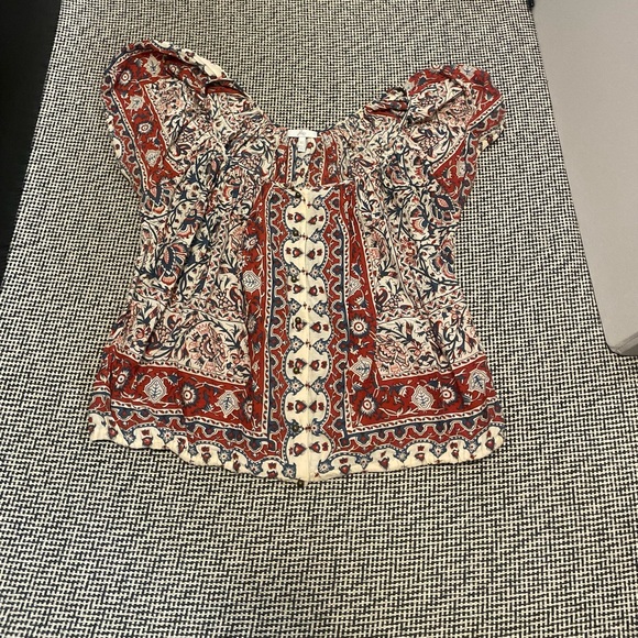 Joie Tops - Joie Red and Cream Smocked Flutter Sleeve Blouse